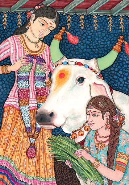 painting of two women with sacred cow