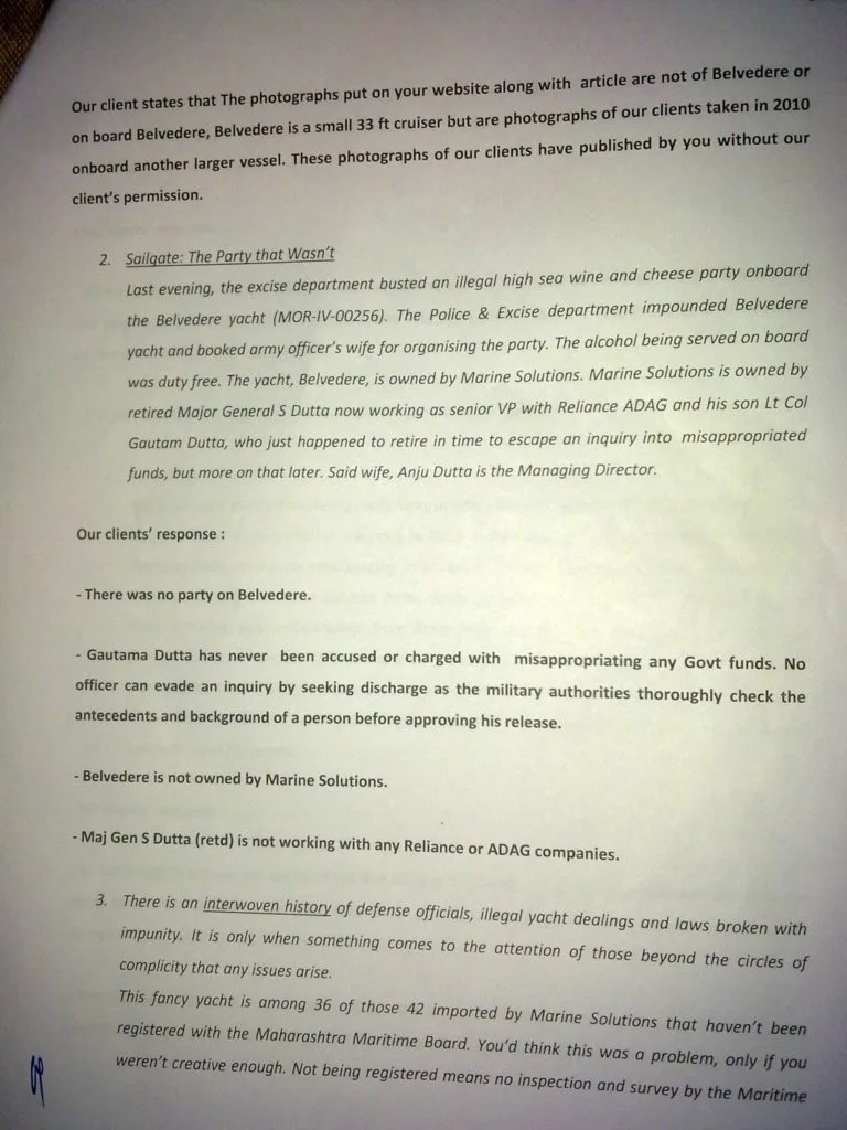 Sailgate: Letter from the solicitors of Lt Col (Retd) Gautama Dutta and Anju Dutta 2