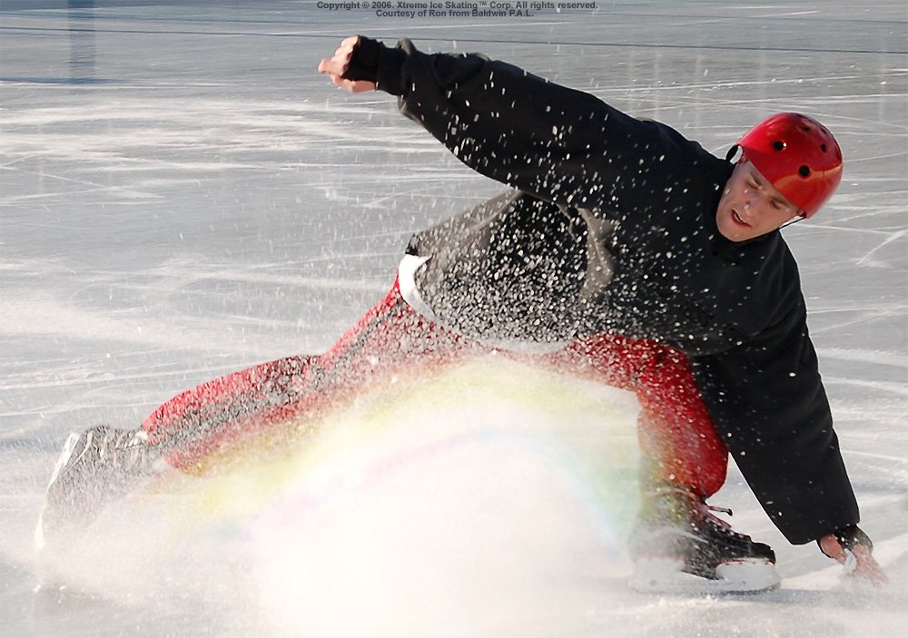 An extreme ice skating move that sprays ice like a rainbow