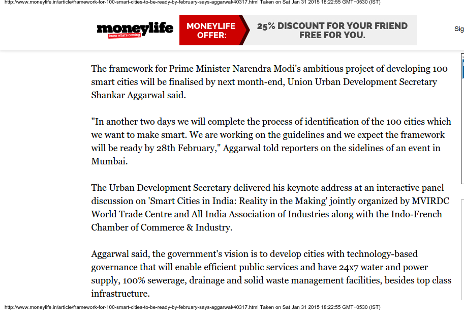 Framework for 100 smart cities to be ready by February says Aggarwal - Moneylife