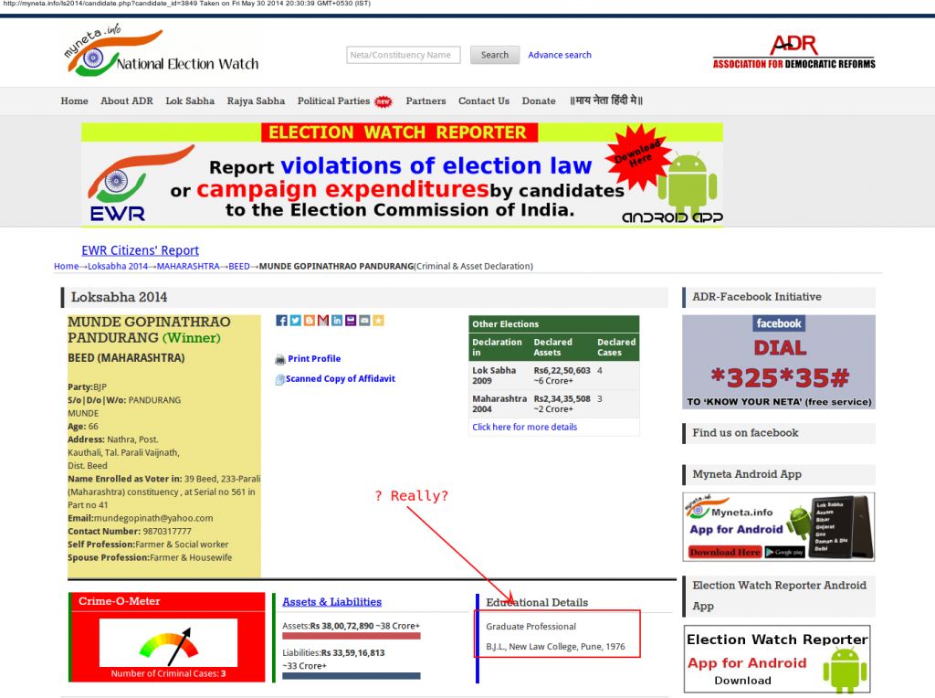 Munde Gopinathrao Pandurang Bharatiya Janata Party BJP   Constituency- BEED MAHARASHTRA  - Affidavit Information of Candidate