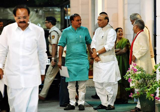 Union ministers Rajnath Singh, M Venkaiah Naidu, Sushma Swaraj and Anant Kumar at BJP headquarters in New Delhi