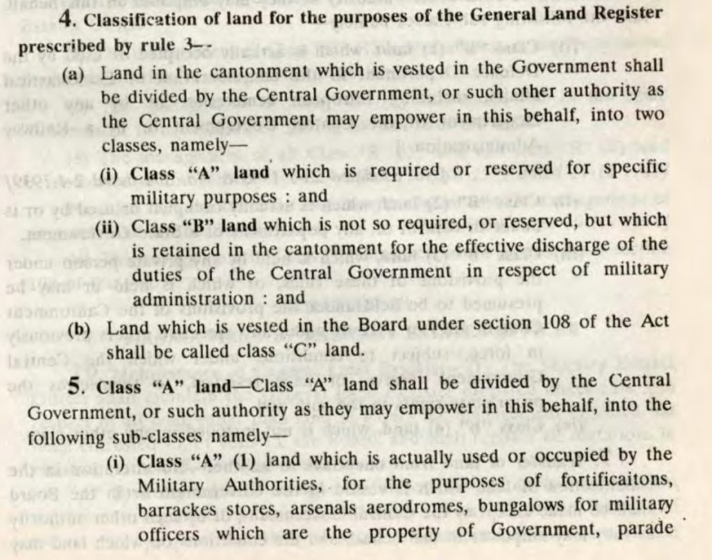 Classification of Cantonment lands as per CLA Rules 1937