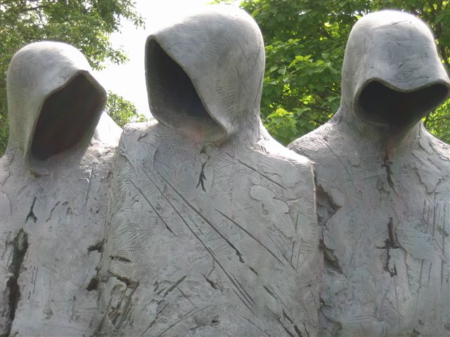 Detail from Cloister Conspiracy, a sculpture by Philip Jackson, pictured during his one man exhibition Sacred and Profane, at the Bishop's Palace in Wells, Somerset.