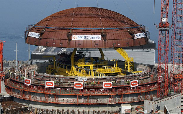 (FILES) - A photo taken on July 16, 2013 in Flamanville, northwestern France, shows the installation of a dome on a reactor's building on the construction site of the third European generation Pressurised Reactor (EPR). A new "anomaly" in the construction of the EPR at Flamanville was detected in the nuclear reactor, the Autorite de Surete Nucleaire (ASN - Nuclear Safety Authority) announced on April 5, 2015. AFP PHOTO / CHARLY TRIBALLEAUCHARLY TRIBALLEAU/AFP/Getty Images