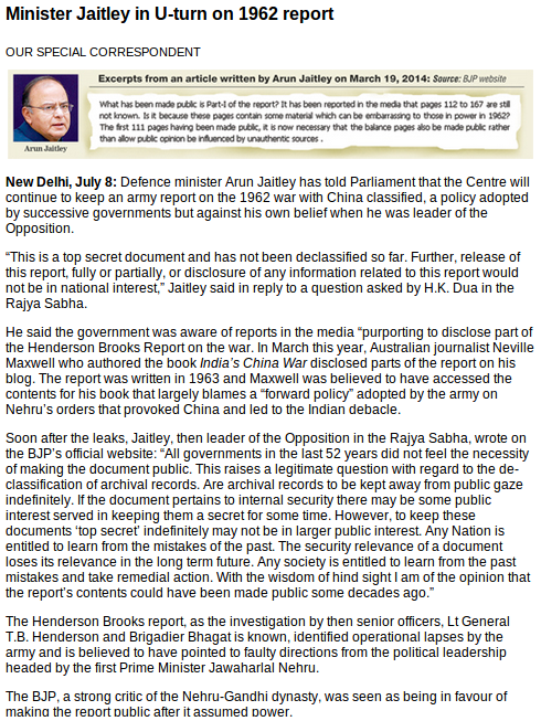 Arun Jaitley's U-Turn on the Henderson Brooks report on the 1962 war