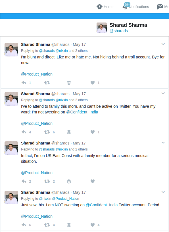 Sharad's denial of trolling from his real account