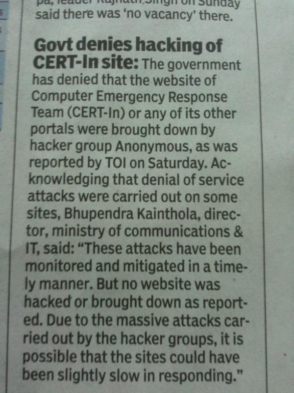 Press release by CERT in newspaper claiming their website was not hacked or brought down