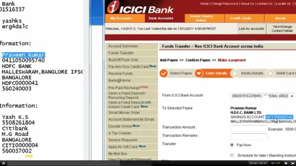 Screenshot from Yash's video for man in the browser attack for ICICI