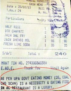 Defamatory bill at Aditi Restaurant