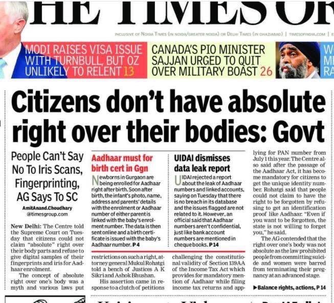 Citizens don't have absolute right over their bodies - Union Government of India