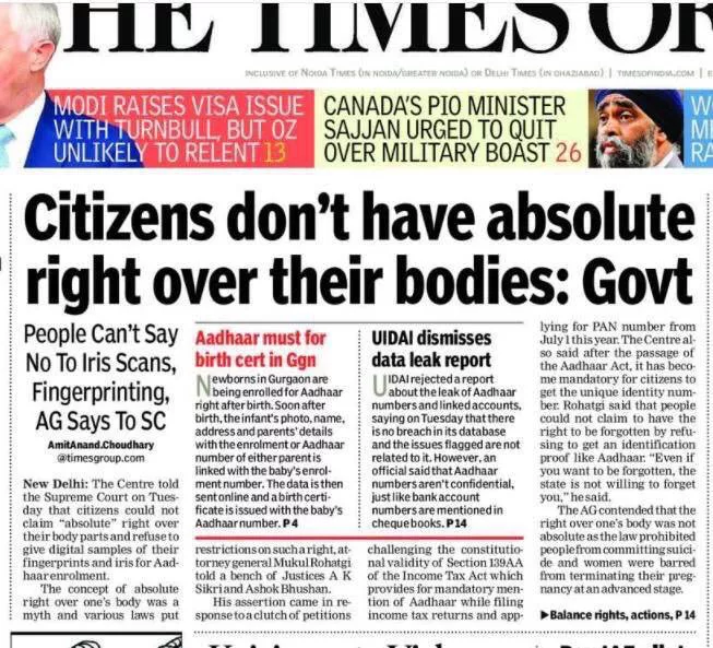 Citizens don't have absolute right over their bodies - Union Government of India