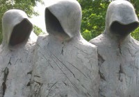 Detail from Cloister Conspiracy, a sculpture by Philip Jackson, pictured during his one man exhibition Sacred and Profane, at the Bishop's Palace in Wells, Somerset.