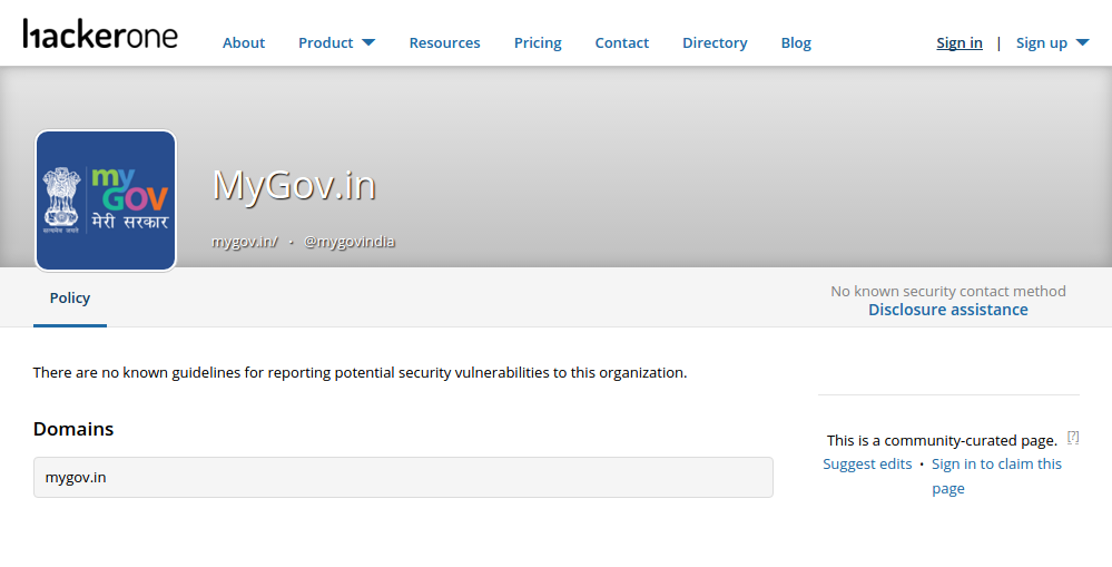 MyGov.in profile at HackerOne
