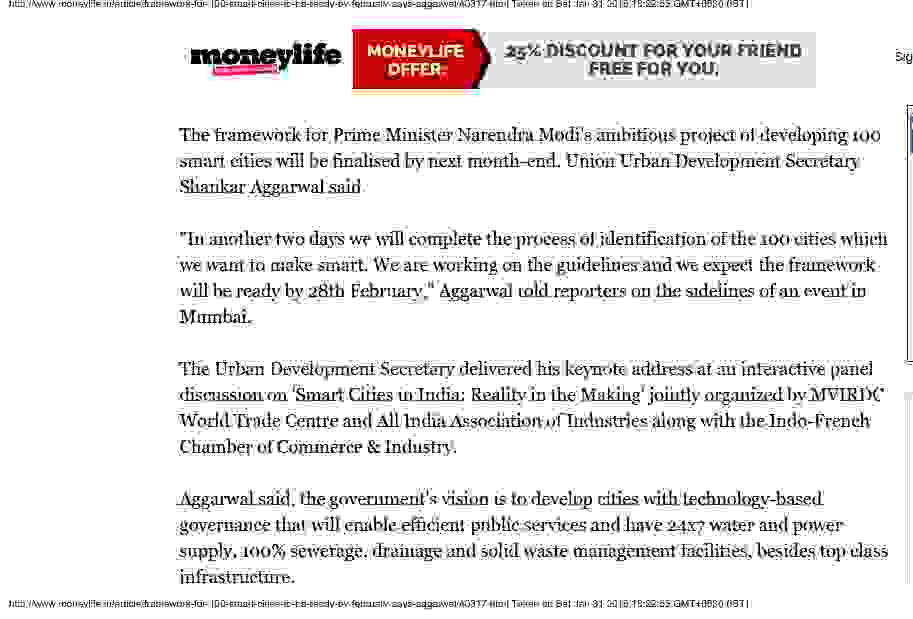 Framework for 100 smart cities to be ready by February says Aggarwal - Moneylife