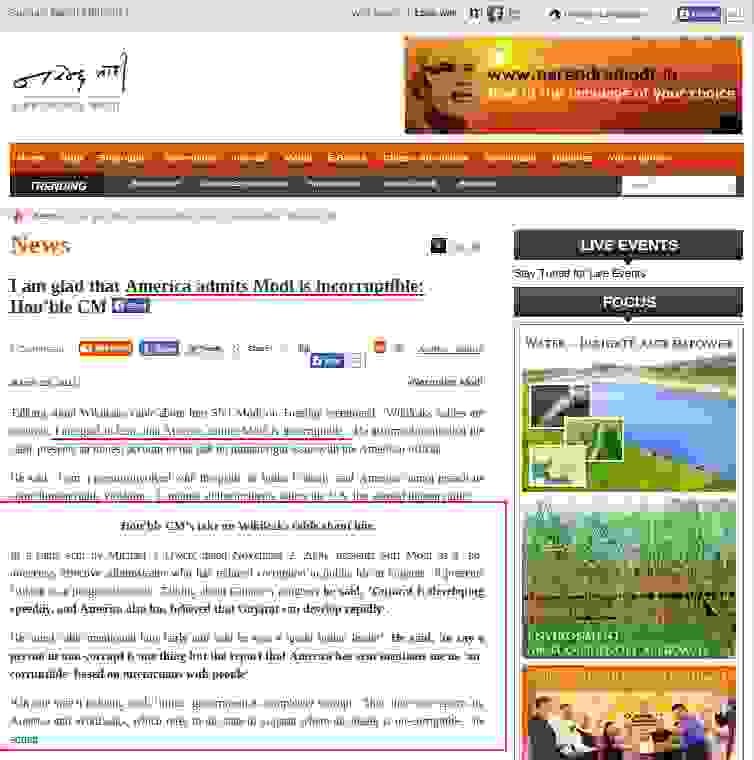 Modi's claims about Wikipedia and the US on his official website