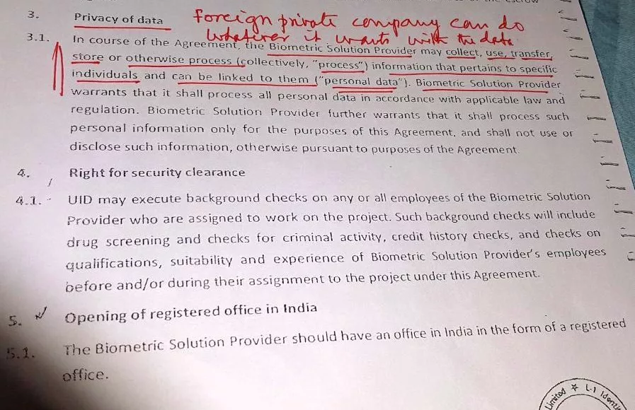 Excerpt from UIDAI contract with Biometric Service providers